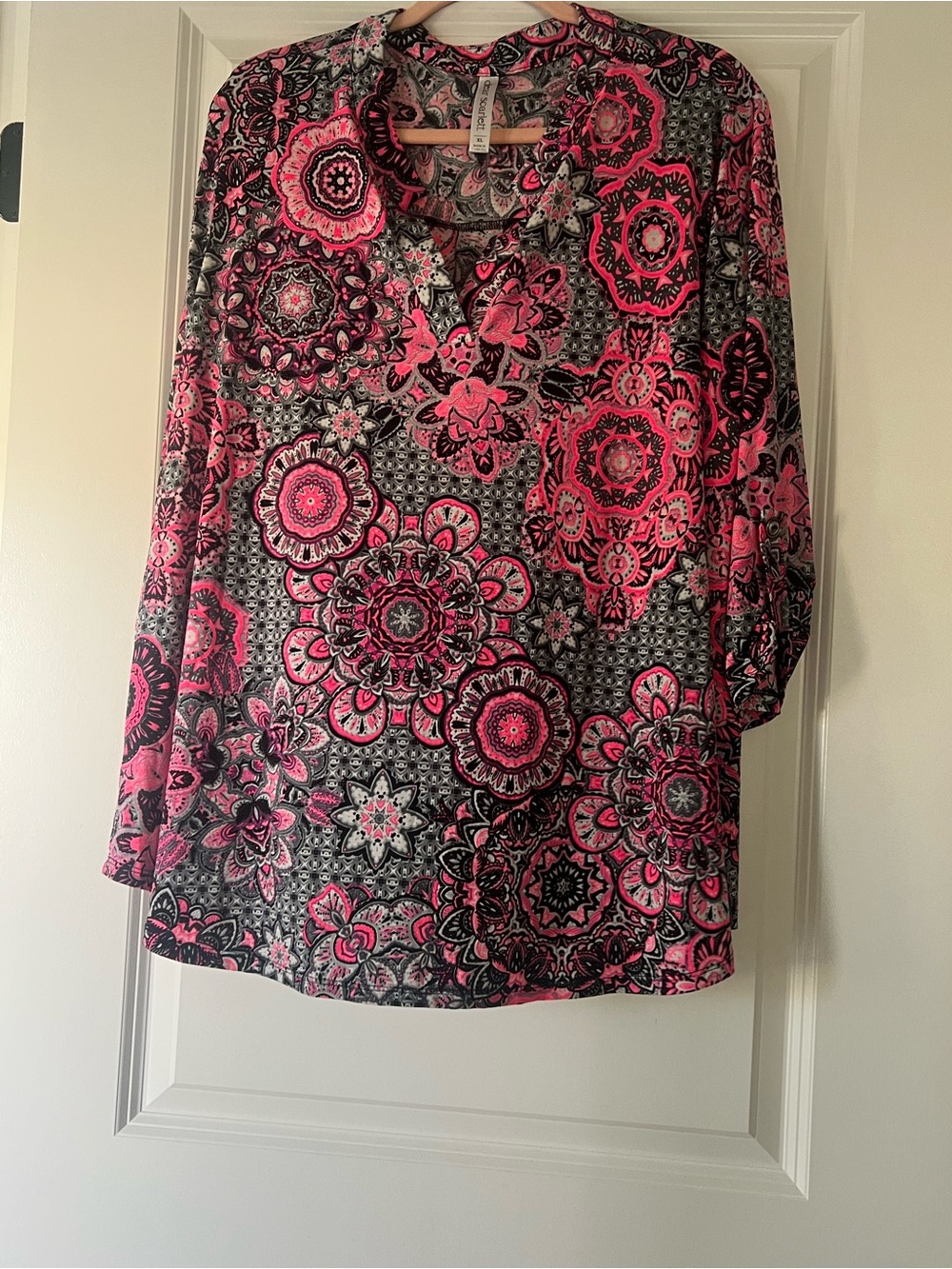Dear Scarlett Pink and Black Floral Medallion Tunic Top with Long Sleeves
